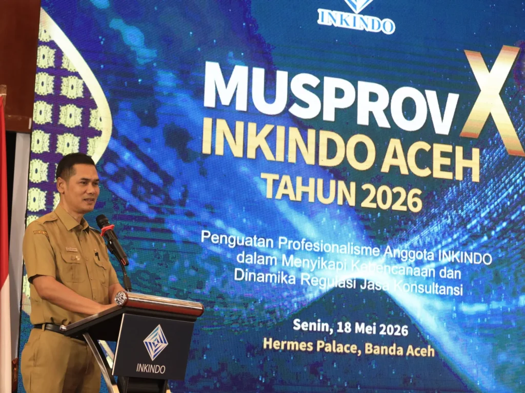 Foto: Sekretaris Daerah (Sekda) Aceh, M Nasir S.IP, MPA, menghadiri sekaligus membuka secara resmi Musyawarah Provinsi (MUSPROV) XI Ikatan Nasional Konsultan Indonesia (INKINDO) Aceh Tahun 2026