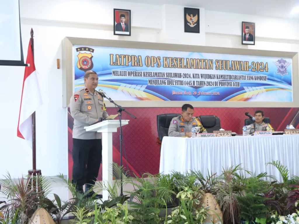 Foto: Wakapolda Aceh Brigjen Armia Fahmi membuka pelatihan pra operasi (latpraops) Keselamatan Seulawah Tahun 2024 di Aula Ditlantas Polda Aceh, Lamteumen, Kota Banda Aceh, Kamis, 29 Februari 2024.