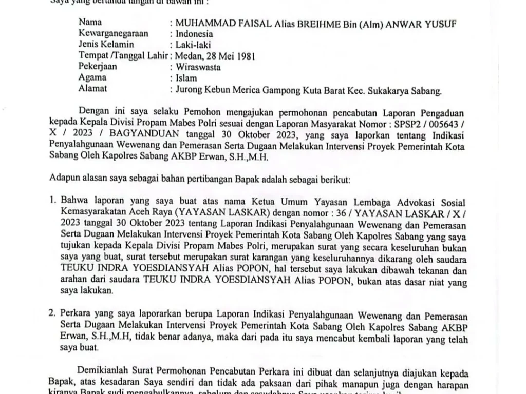 Foto: Rekam layar Surat Permohonan Pencabutan Laporan Pengaduan dari Ketua Laskar Muhammad Faisal, Selasa, 19 Maret 2024. Foto: Ist.