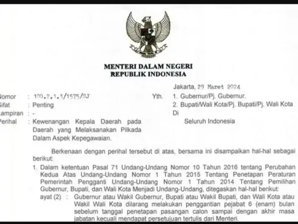 Foto: Menteri Dalam Negeri (Mendagri) Republik Indonesia, Tito Karnavian mengeluarkan Surat Edaran (SE) Nomor 100.2.1.3/1575/SJ  tertanggal 29 Maret 2024 yang ditujukan kepada Gubernur, Bupati dan Wali kota seluruh Indonesia.