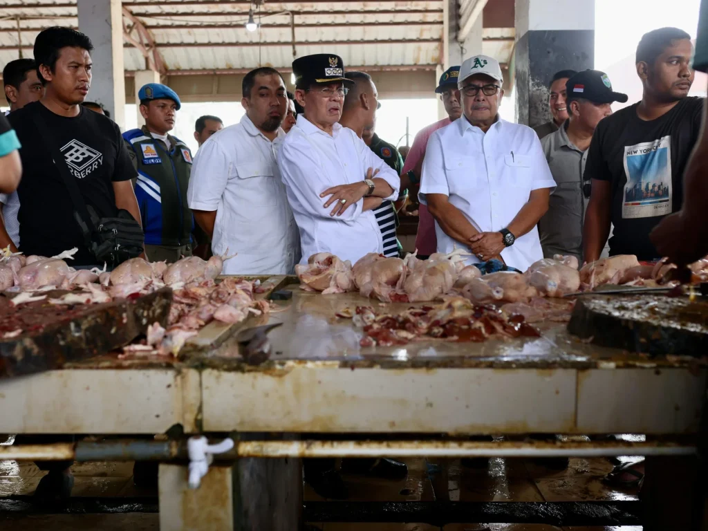 Foto: Pj Gubernur Aceh Bustami, SE, M.Si didampingi Pj Sekda Aceh Azwardi, Pj. Bupati Aceh Besar Iswanto, PJ walikota Banda Aceh Amiruddin, Kasdam Iskandar muda Hadi Basuki, Diskrimsus Polda Aceh Winardy dan SKPA  terkait memantau stok bahan pangan dan daging Jelang Idul fitri di Pasar Al-Mahirah Gp. Lamdingin Banda Aceh  6/4/2024