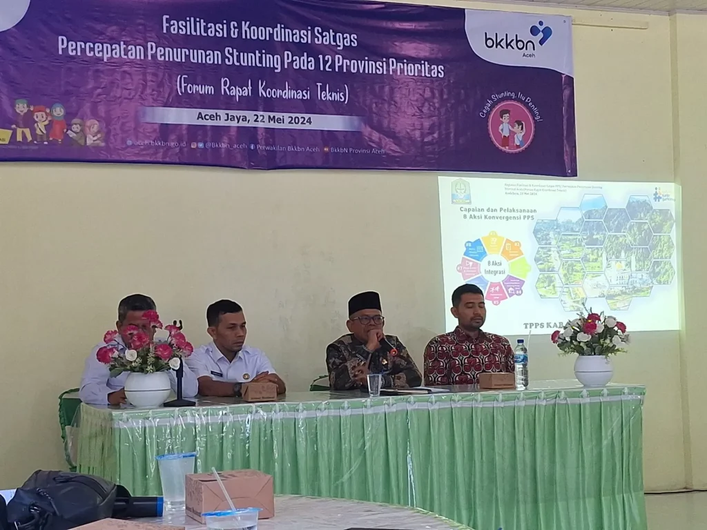 Foto: Pemerintah Kabupaten Aceh Jaya bersama Perwakilan Badan Kependudukan dan Keluarga Berencana Nasional (BKKBN) Provinsi Aceh menggelar Rapat Koordinasi Teknis Percepatan Penurunan Stunting di Kabupaten Aceh Jaya. Acara ini berlangsung di Aula Mina, Calang, pada Rabu (22/5/2024).