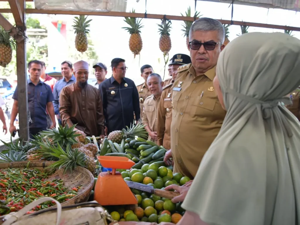 Foto: Pj. Gubernur Aceh, Bustami,SE, M. Si didampingi Pj. Bupati Aceh Tengah, T. Mirzuan, Pj. Bupati Aceh Tenggara, Drs. Syakir dan Pj. Bupati Bener Meriah, Haili Yoga meninjau Harga Kebutuhan Pokok Masyarakat di Pasar Tradisonal Paya Ilang, Takengon, Aceh Tengah, Selasa, 4/06/2024.