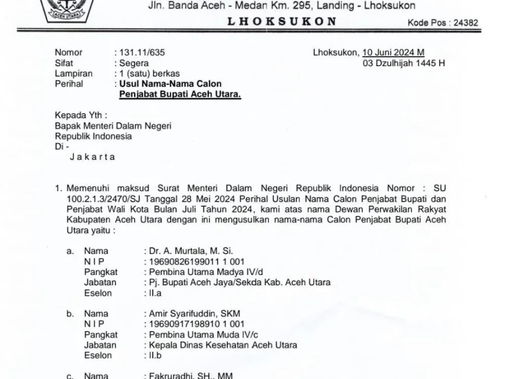 Foto: Surat Usulan Calon Penjabat Bupati Aceh Utara yang dikirim Oleh DPRK Aceh Utara Kepada Mendagri