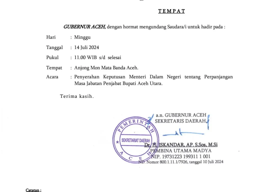 Foto: Surat Undangan Penyerahan Sk Perpanjangan Penjabat Bupati aceh Utara