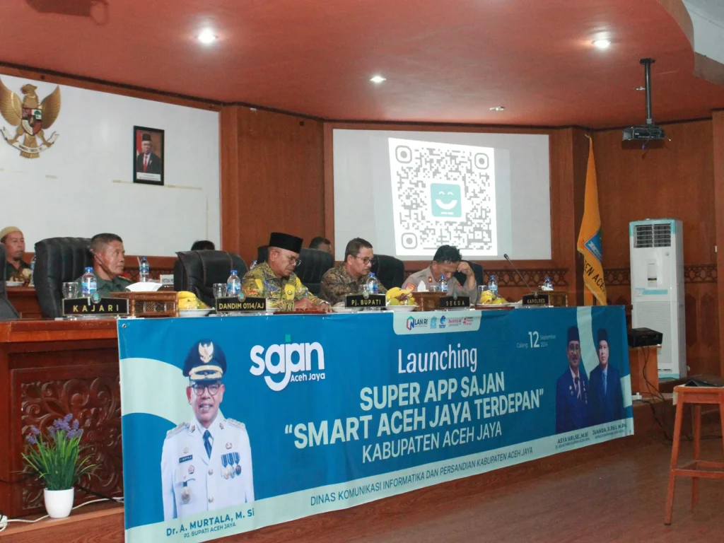 Foto: Pj. Bupati Aceh Jaya, Dr. A. Murtala, M.Si., secara resmi meluncurkan aplikasi Super APP Smart Aceh Jaya Terdepan (SAJAN) di Aula Setdakab Aceh Jaya pada kamis, 9 September 2024