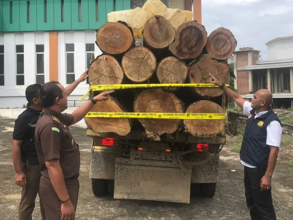 Foto:  barang bukti berupa satu unit mobil dump truck dan sebelas batang kayu bulat jenis rimba campuran.