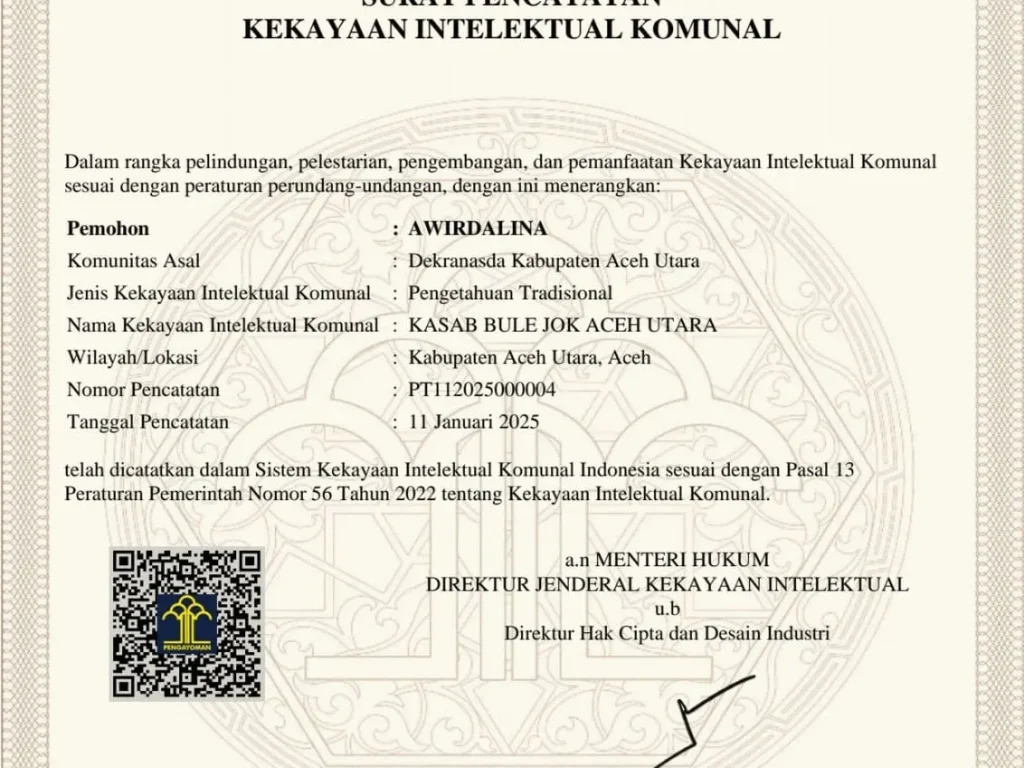 Foto: sertifikasi Hak Kekayaan Intelektual (HAKI) Kasab Bule Jok